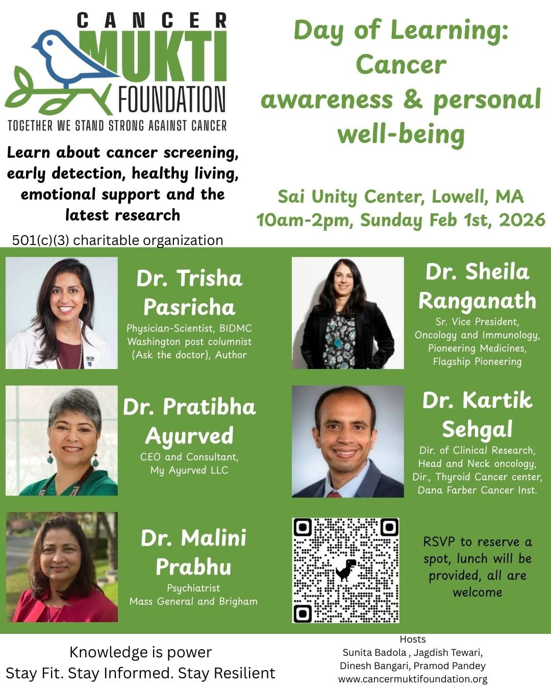 Day of Learning: Cancer Awareness & Personal Well-Being flyer — Sunday, February 1, 2026, 10am-2pm, Sai Unity Center, Lowell, MA, hosted by Cancer Mukti Foundation