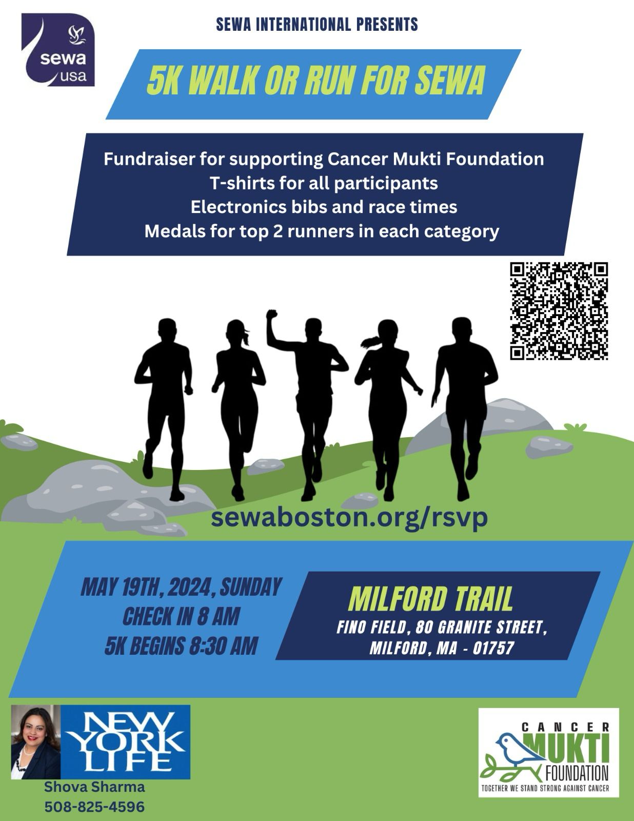 Flyer for the 5K Walk or Run for SEWA fundraiser, Milford Trail, May 19, 2024